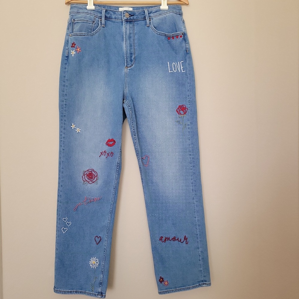 Driftwood Love Notes Jordie Relaxed Straight Jeans Sz 12 Medium Wash Embroidery